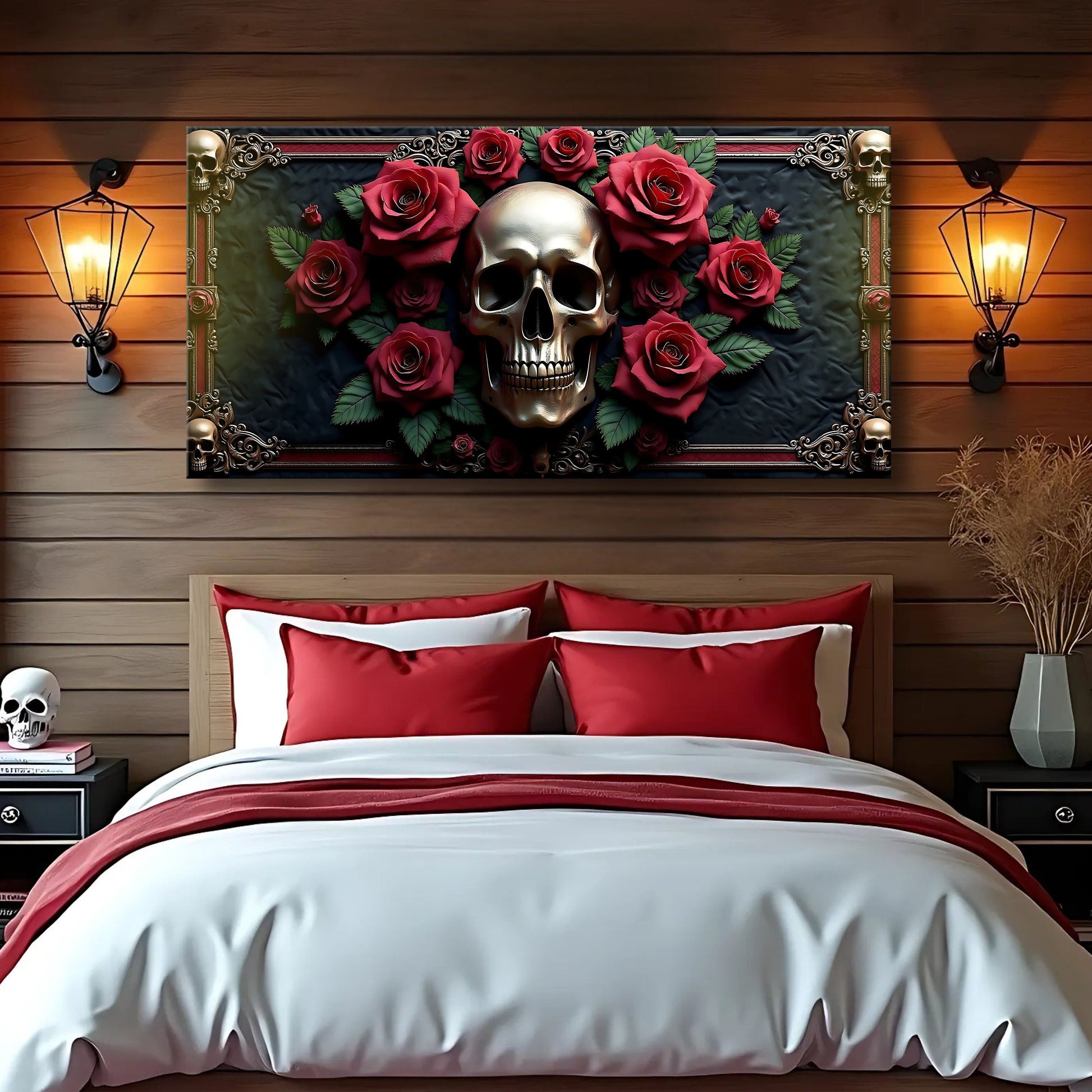3D Vintage Skull Wall Art III canvas by Tailored Canvases with red roses on Tampa Home & Garden Store
