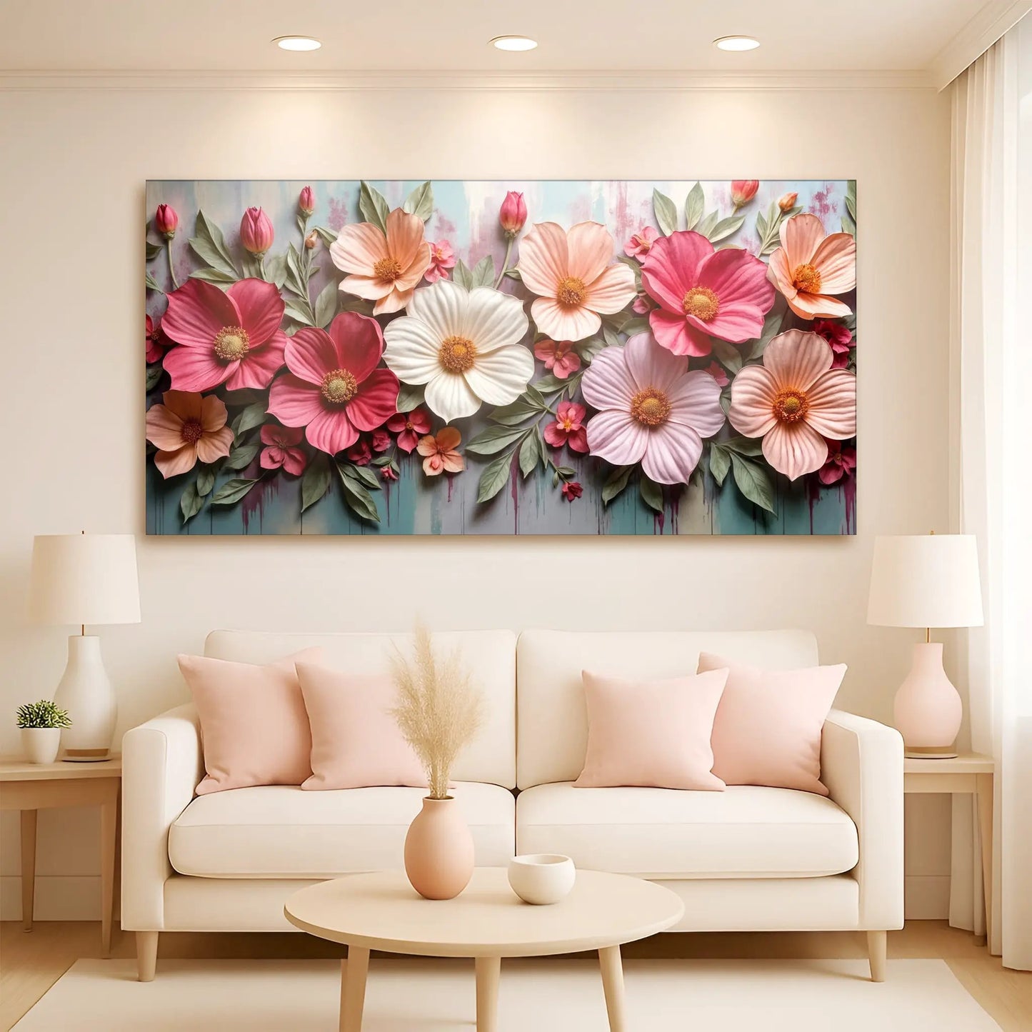Colorful Floral Realistic Wall Art II canvas by Tailored Canvases; pink, peach and white flowers with green leaves on Tampa Home & Garden Store