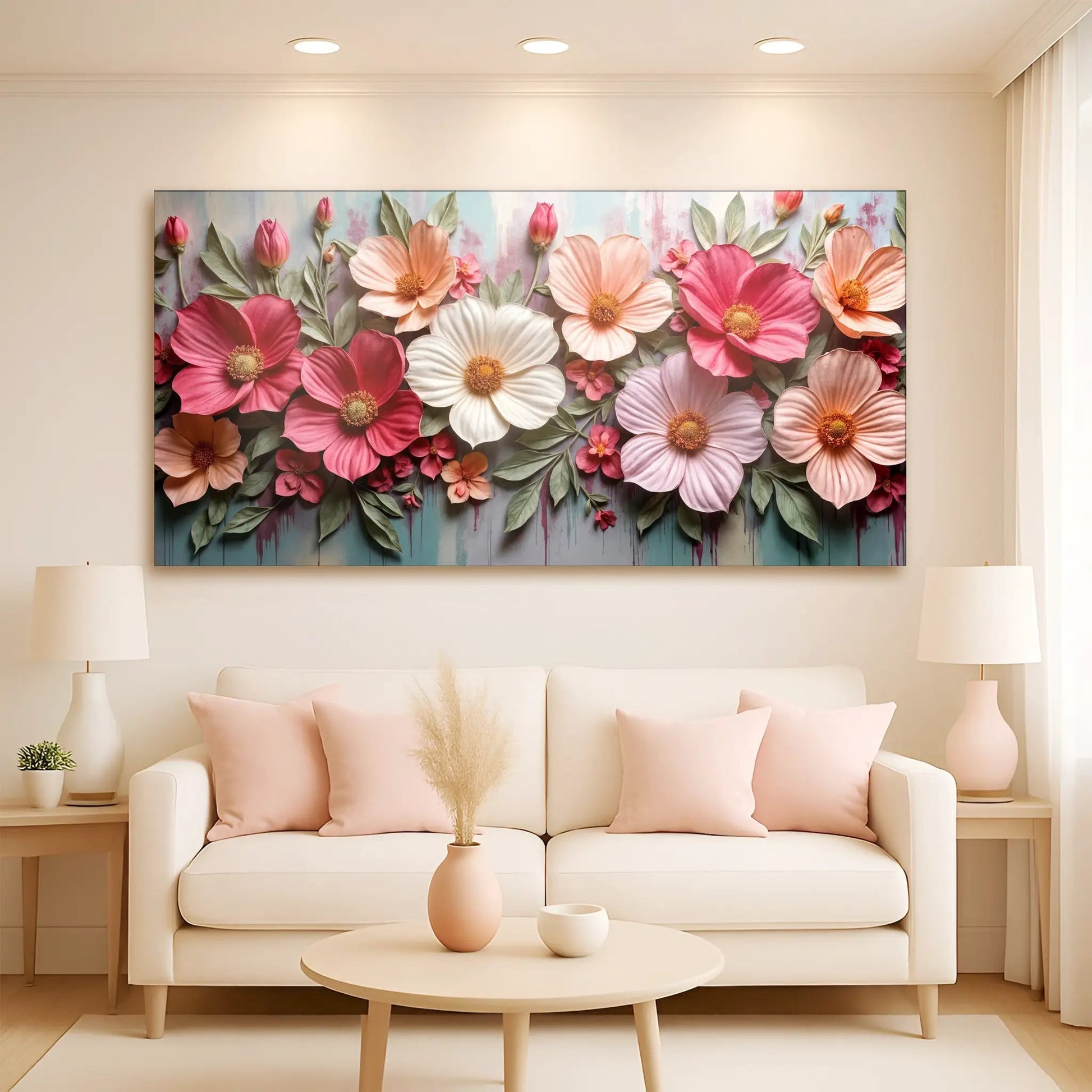 Colorful Floral Realistic Wall Art II canvas by Tailored Canvases; pink, peach and white flowers with green leaves on Tampa Home & Garden Store