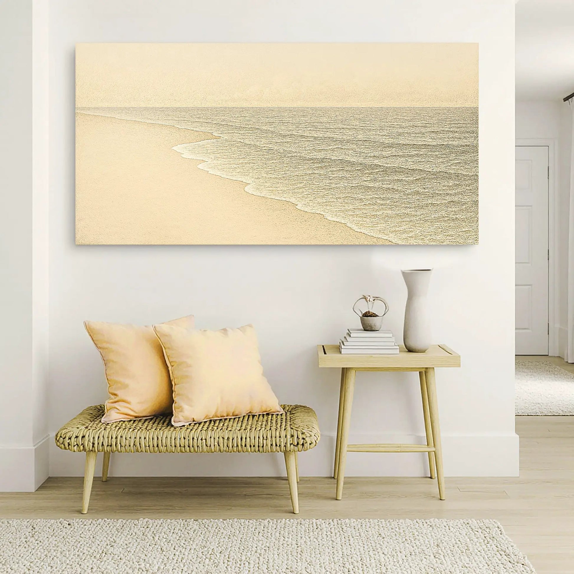 Beach Shoreline Coastal Wall Art III canvas in beige sea scene above a woven bench on Tampa Home & Garden Store