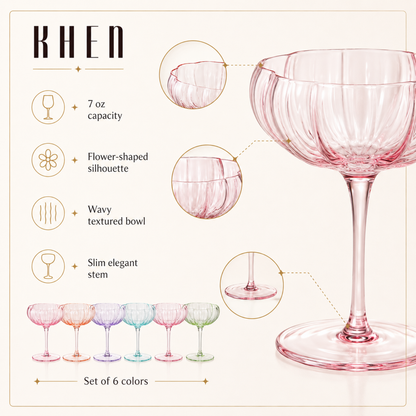 Set of six bright flower coupe cocktail glasses