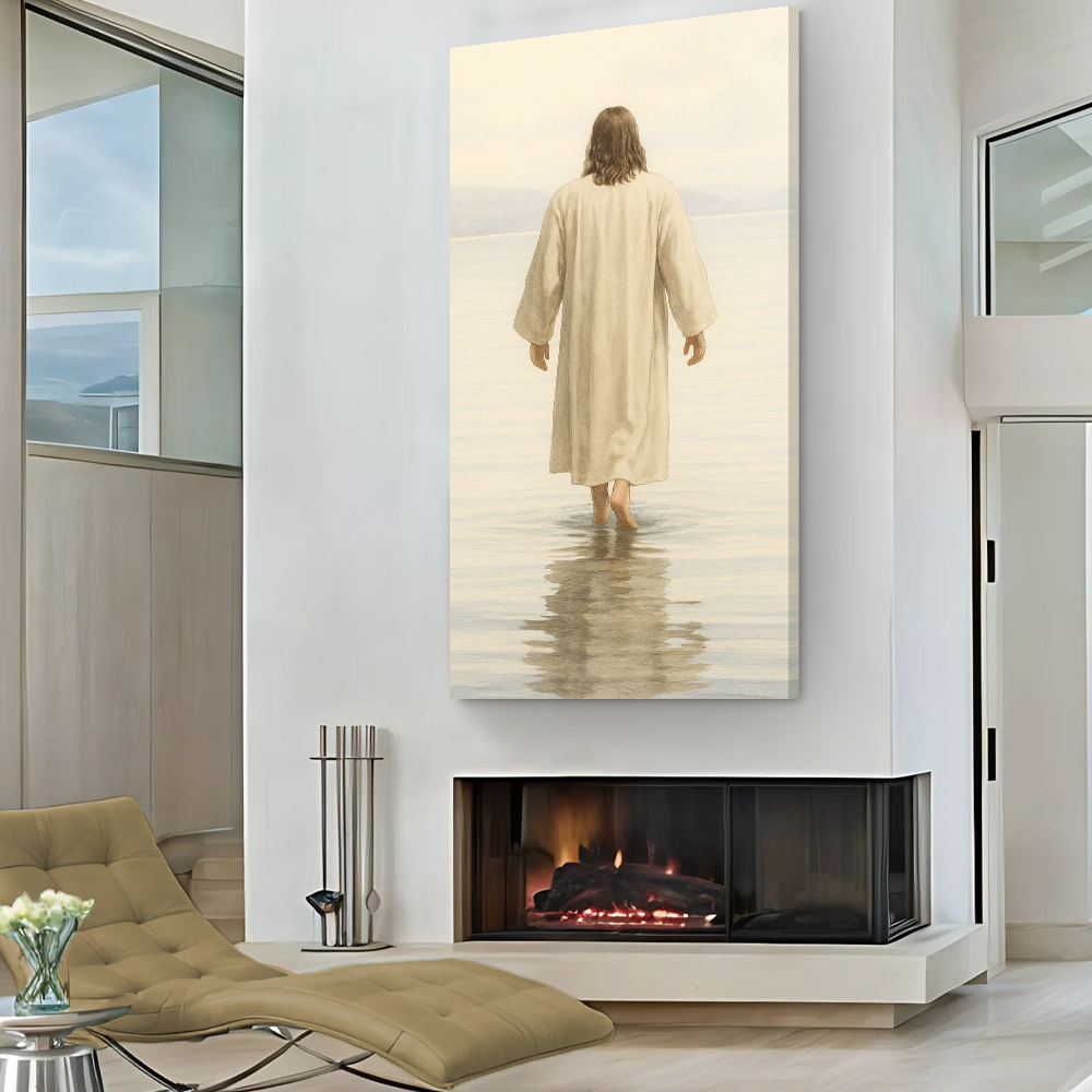 Reflections Faith Wall Art VIII canvas by Tailored Canvases; robed figure walking into water on Tampa Home & Garden Store