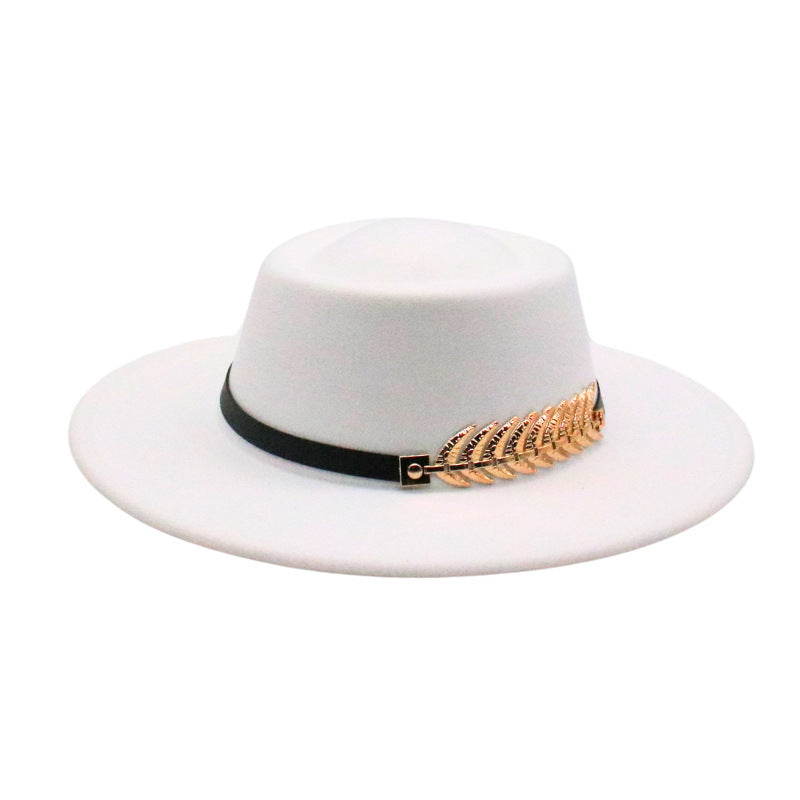 Fedora hat white wide-brim with black band and gold leaf embellishment on Tampa Home & Garden Store