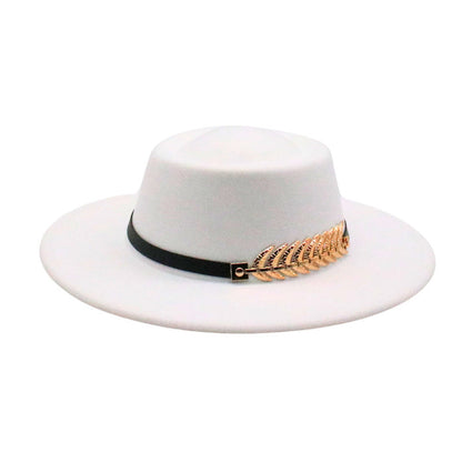 Fedora hat white wide-brim with black band and gold leaf embellishment on Tampa Home & Garden Store