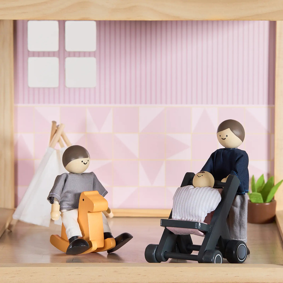 Dollhouse Tiny Land INC Sweetwood Love with wooden dolls in pink striped interior and stroller on Tampa Home & Garden Store