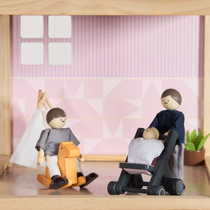 Dollhouse Tiny Land INC Sweetwood Love with wooden dolls in pink striped interior and stroller on Tampa Home & Garden Store