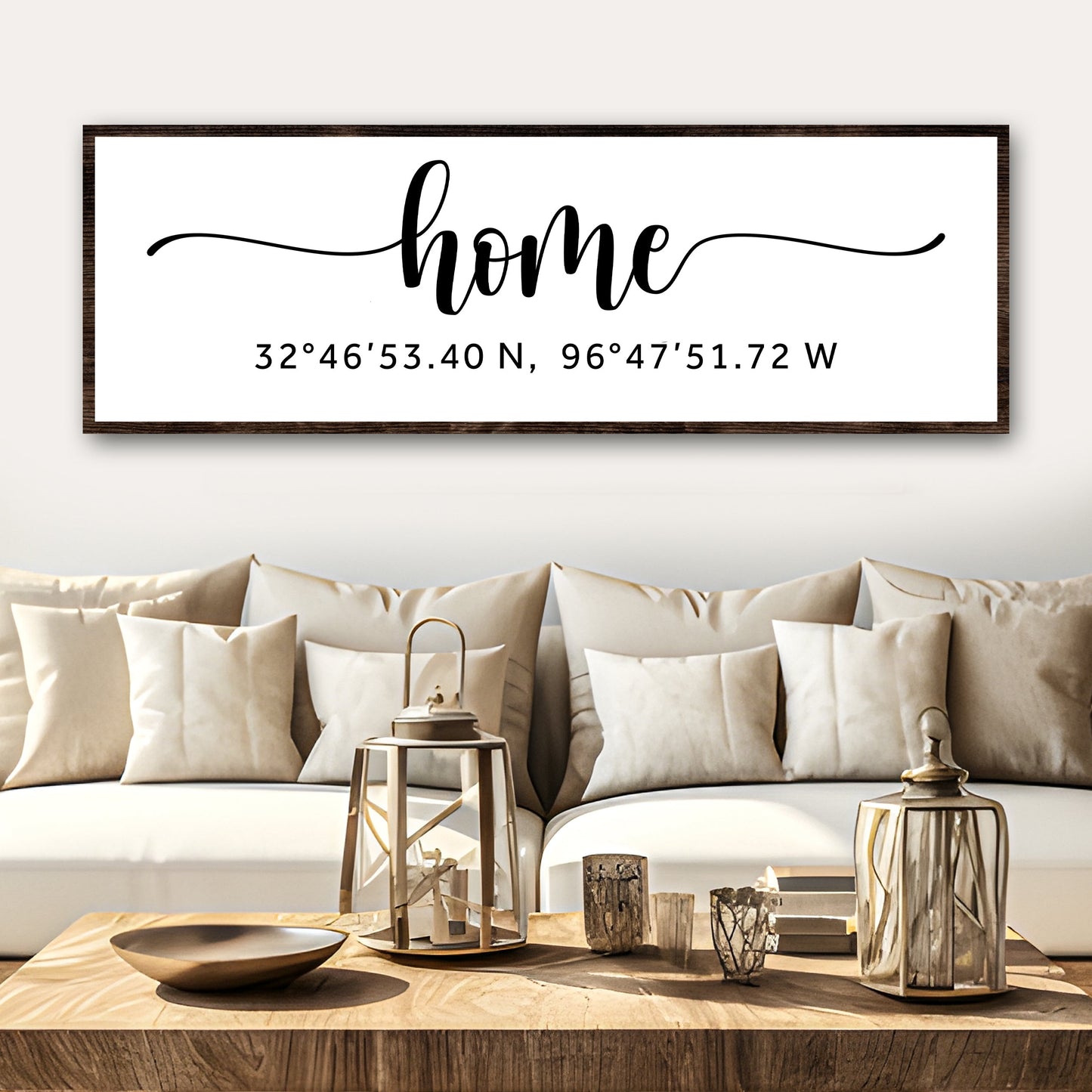Family Home Coordinates Sign canvas with scripted home and coordinates 32°46′53.40N,96°47′51.72W on Tampa Home & Garden Store