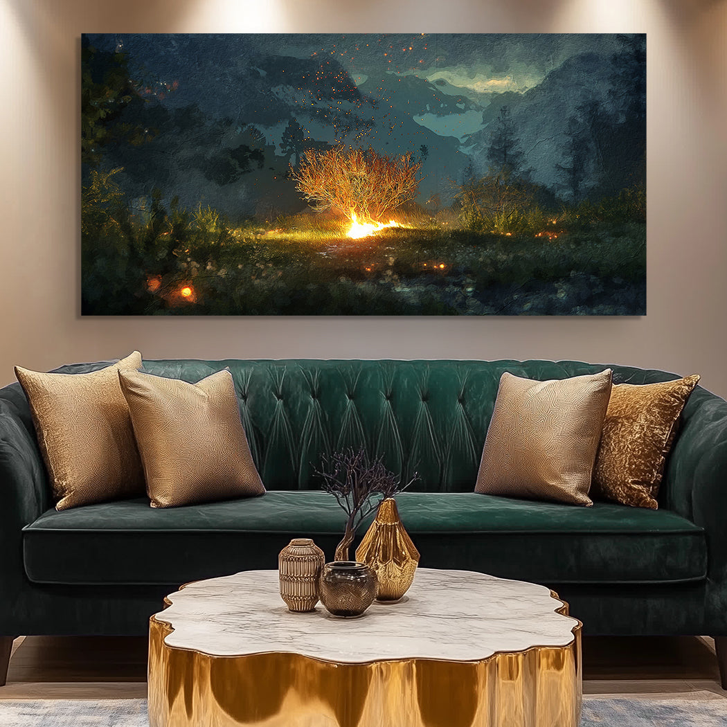 Canvas Holy Ground - Faith Wall Art; dark twilight landscape with a glowing blaze on Tampa Home & Garden Store