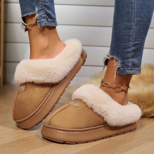 Women fur slippers tan suede upper with plush cream fur trim memory foam sole on Tampa Home & Garden Store