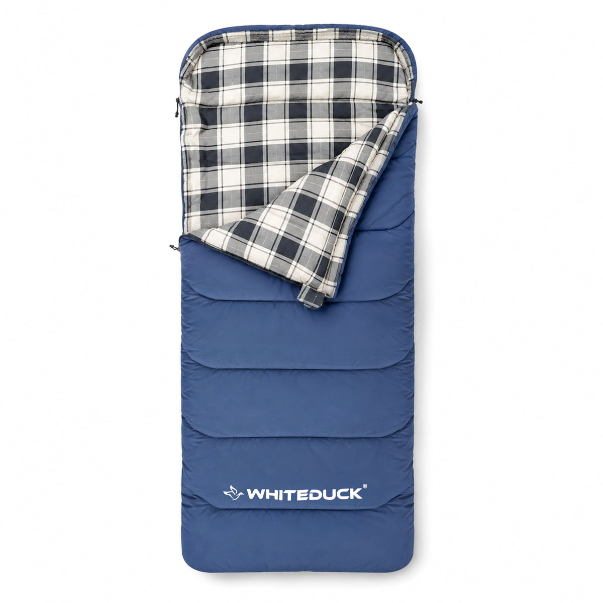 Slumbernest Sleeping Bag with Flannel Lining navy plaid interior White Duck Outdoors logo on Tampa Home & Garden Store