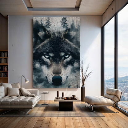 Wolf Double Exposure Wall Art III canvas in a modern living room with blue-eyed wolf on Tampa Home & Garden Store