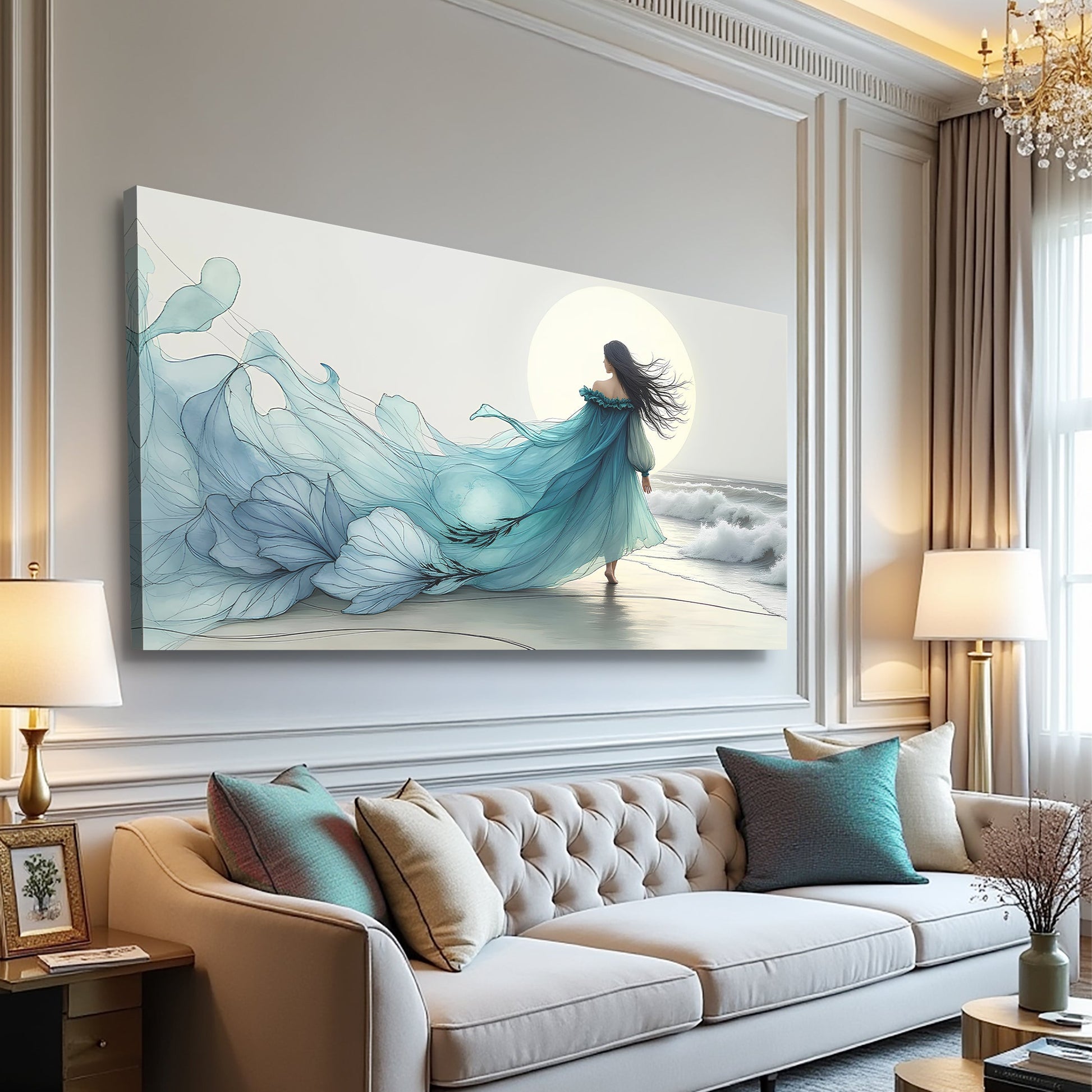 Canvas wall art Swirling Winds by the Ocean turquoise dress among waves and pale sun on Tampa Home & Garden Store