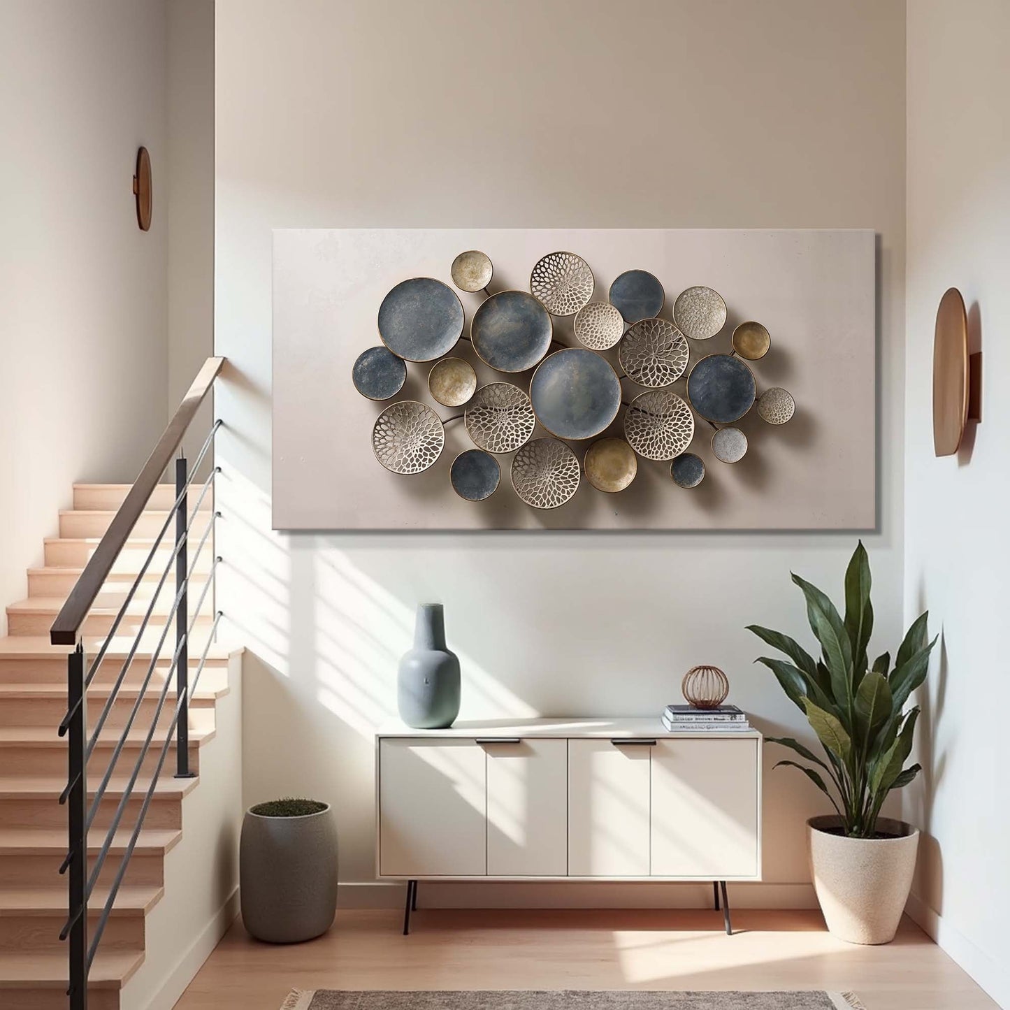 Lotus Leaf Abstract Wall Art IV canvas with blue gray beige circular discs and lattice textures on Tampa Home & Garden Store