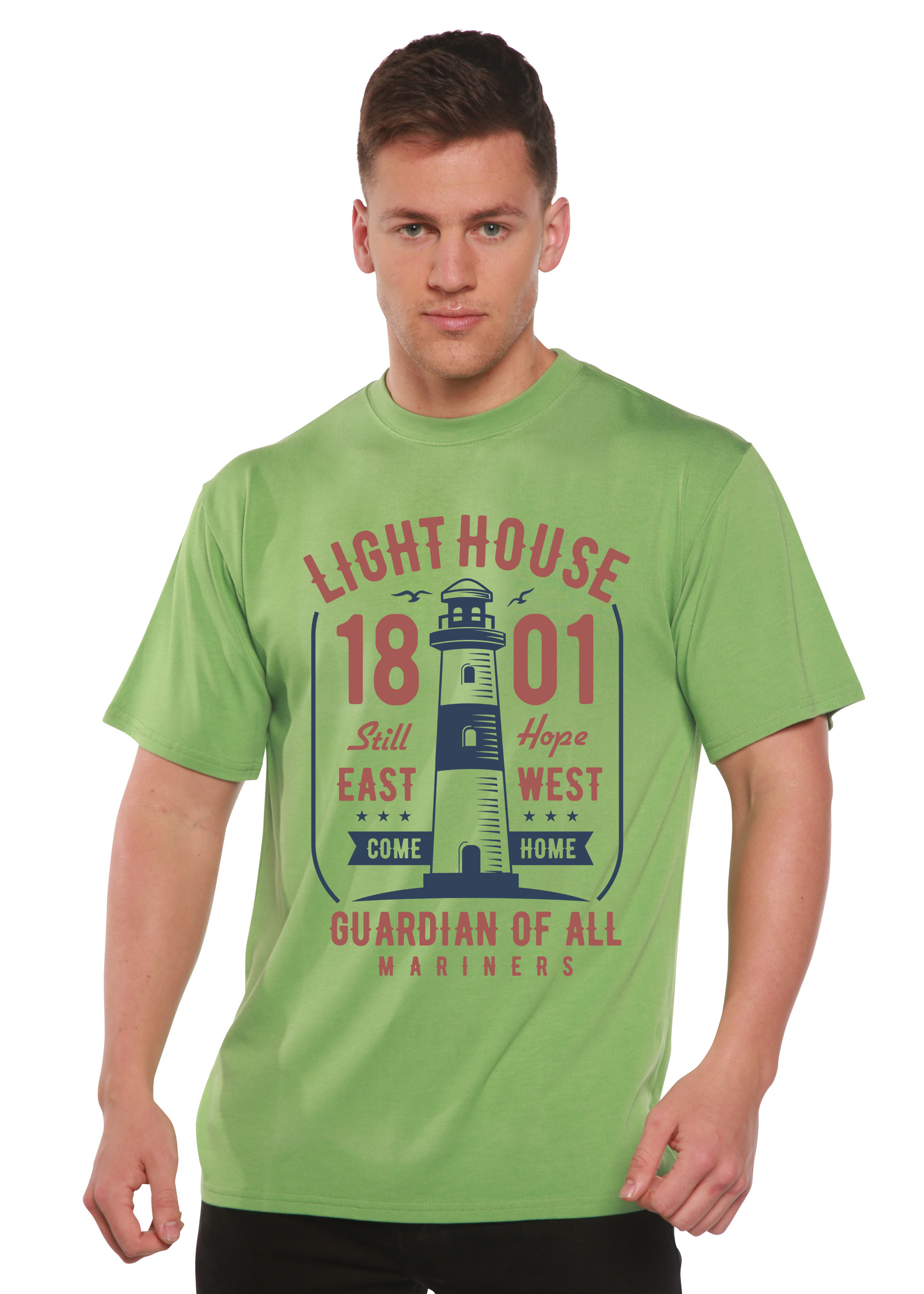 Light House men's bamboo viscose T-shirt in green with lighthouse print by Spun Bamboo on Tampa Home & Garden Store