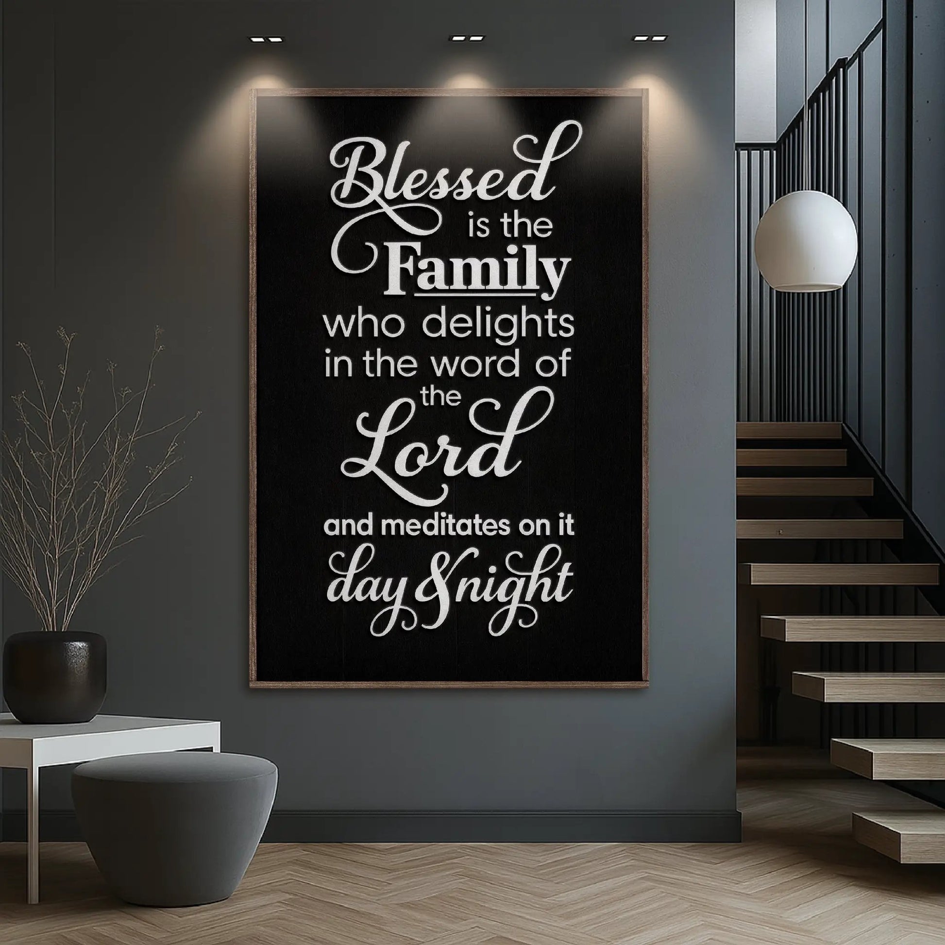 Canvas Blessed Is The Family Faith Sign II by Tailored Canvases, crafting canvas with black chalkboard surface and white script, wooden frame on Tampa Home & Garden Store