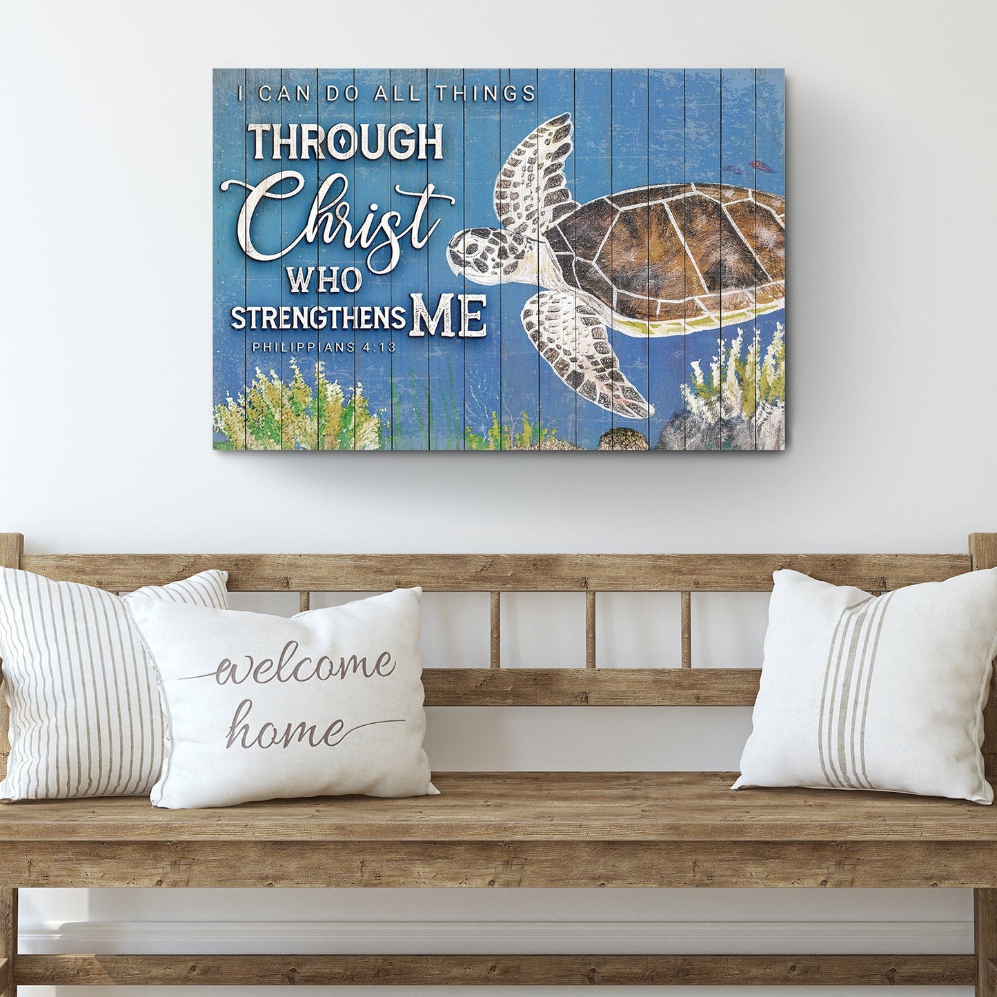 I Can Do All Things Through Christ canvas on blue wood plank with turtle on Tampa Home & Garden Store
