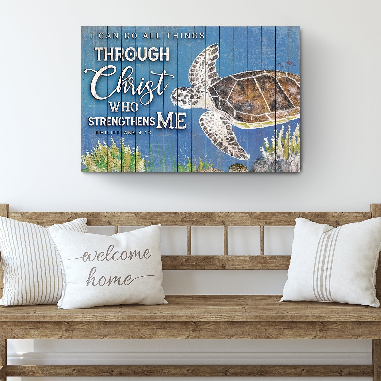 I Can Do All Things Through Christ canvas on blue wood plank with turtle on Tampa Home & Garden Store
