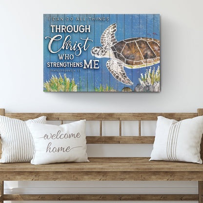 I Can Do All Things Through Christ canvas on blue wood plank with turtle on Tampa Home & Garden Store