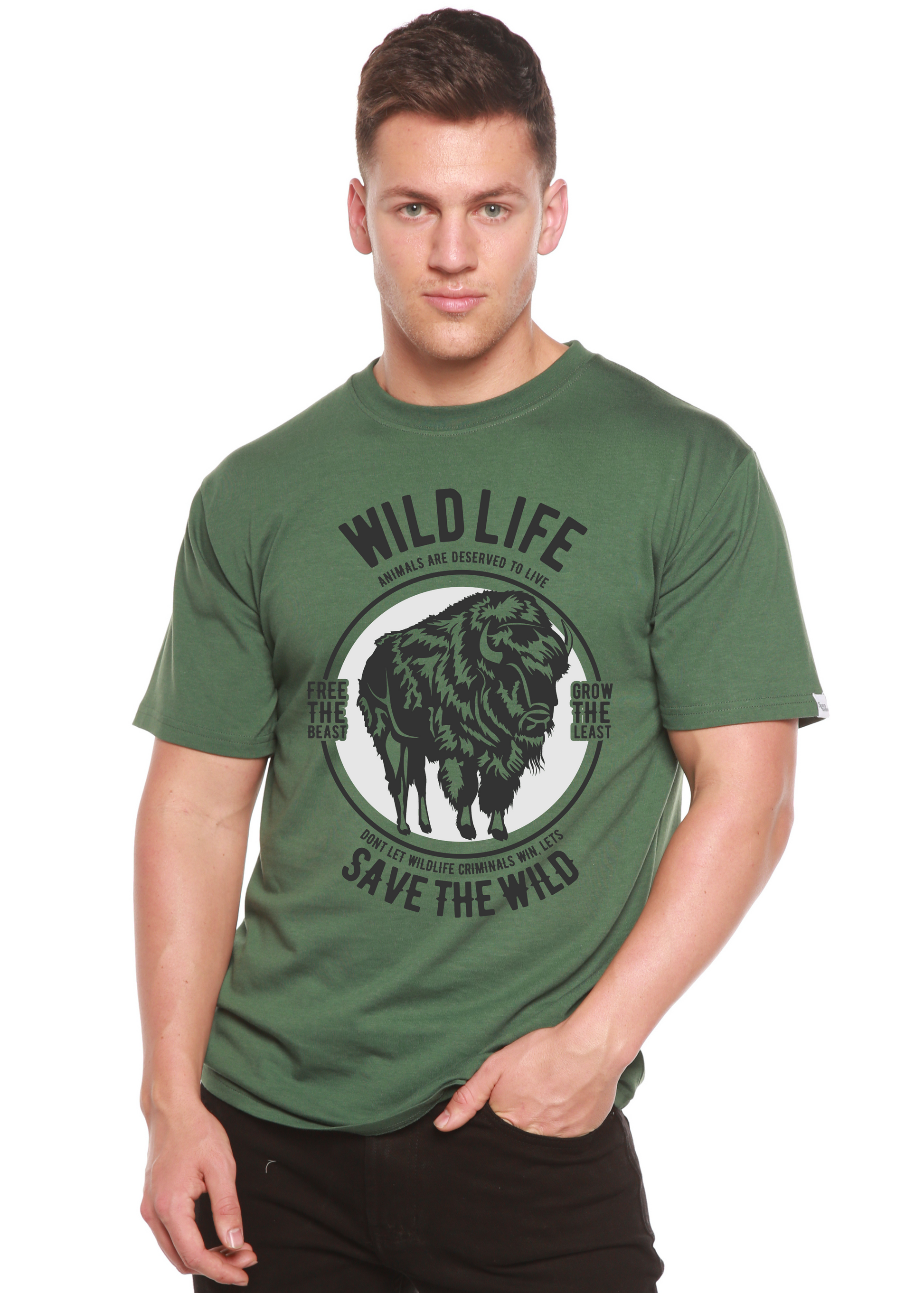Men's Spun Bamboo short-sleeve graphic tee olive green with circular wild life bison design on Tampa Home & Garden Store