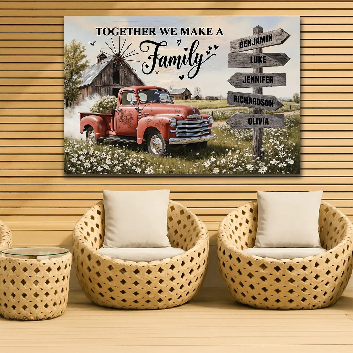 Personalized Family Farmhouse Old Truck Wall Art canvas, red truck scene Tailored Canvases on Tampa Home & Garden Store