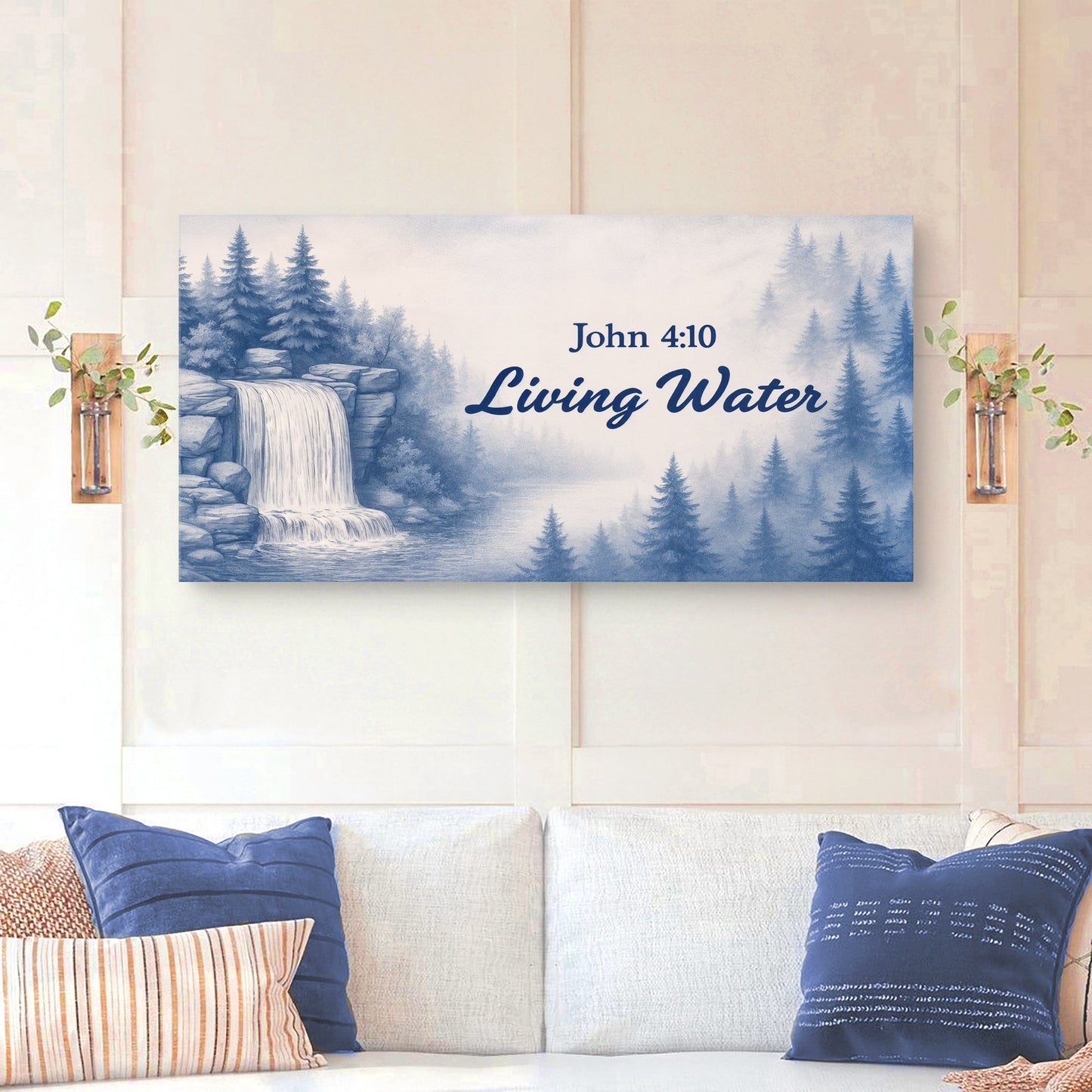 Living Water canvas sign by Tailored Canvases, blue forest landscape with John 4:10 text on Tampa Home & Garden Store