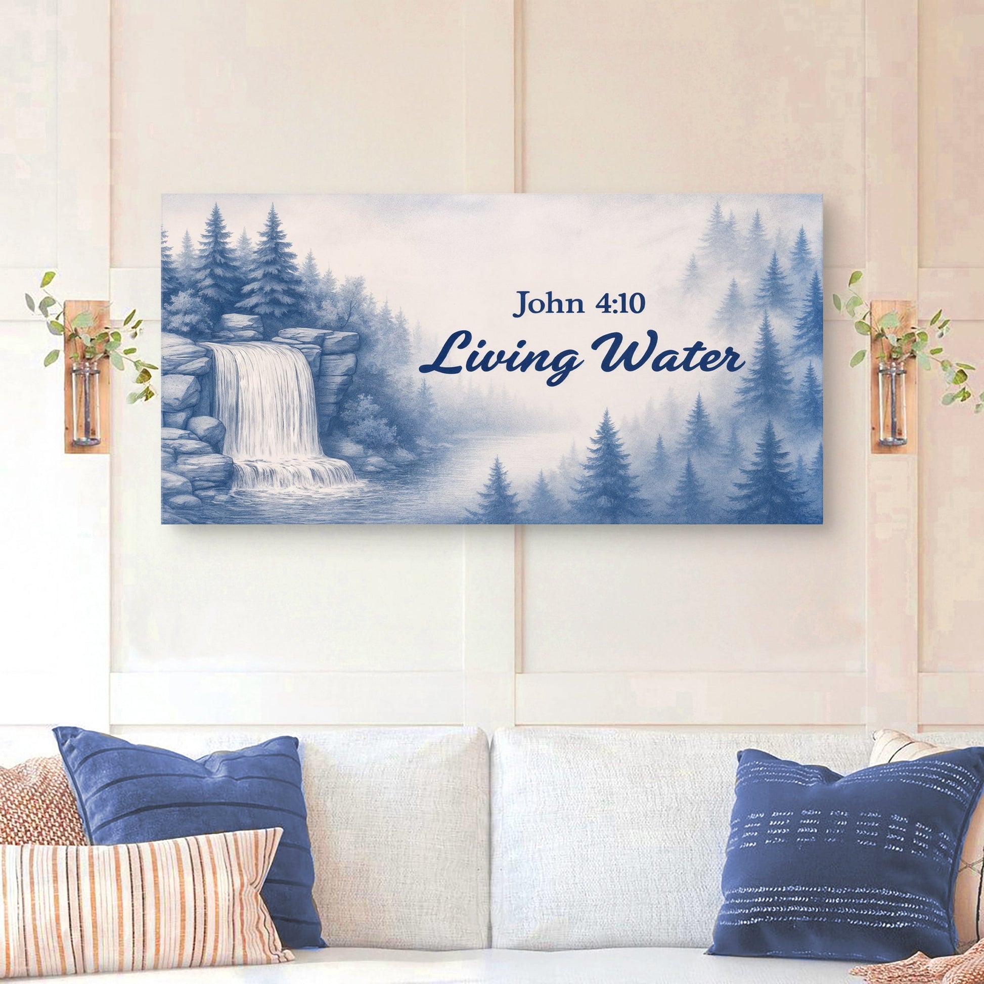 Living Water canvas sign by Tailored Canvases, blue forest landscape with John 4:10 text on Tampa Home & Garden Store