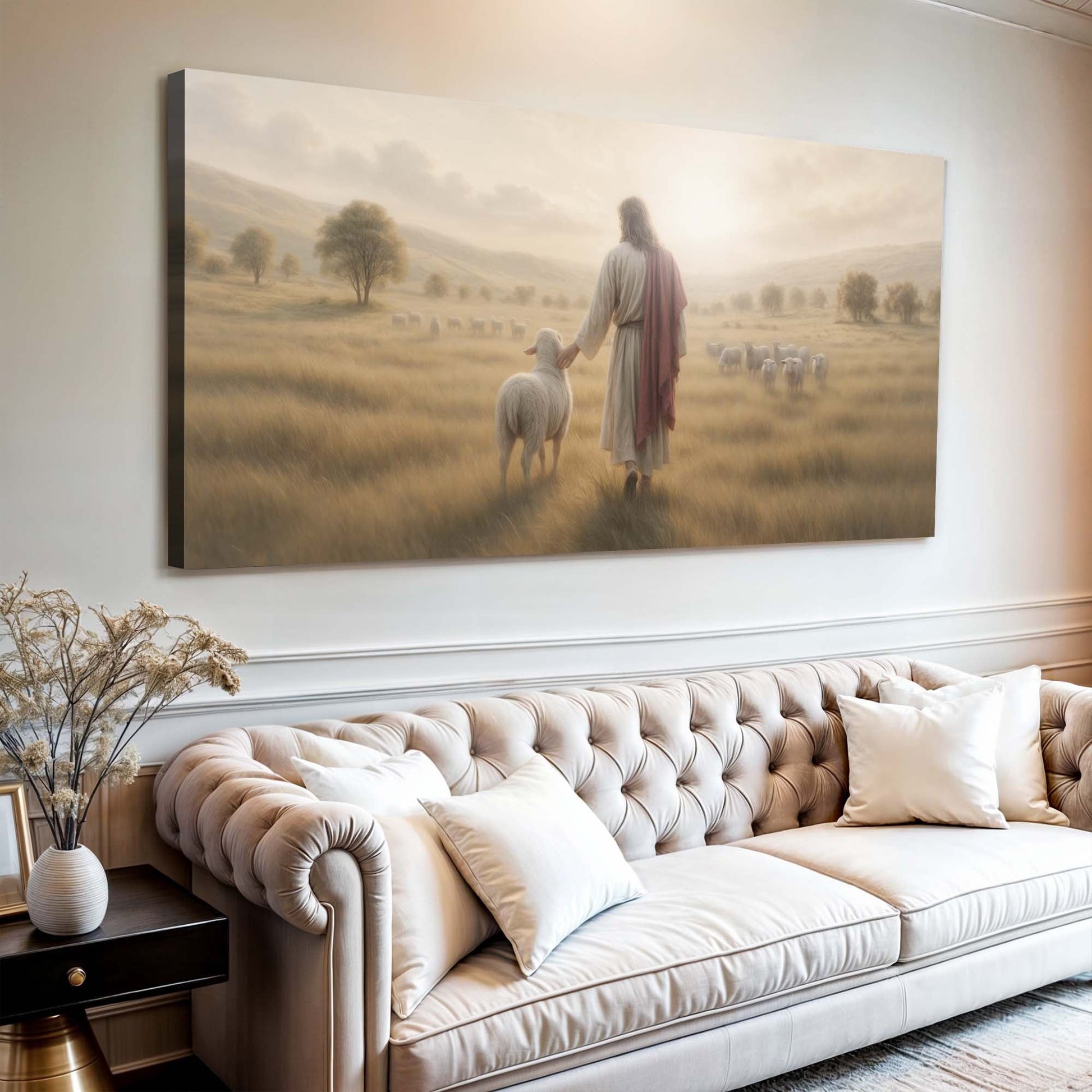 99 Faith Wall Art II canvas by Tailored Canvases, warm pastoral scene with a shepherd and sheep on Tampa Home & Garden Store