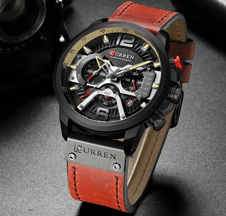 Curren men's sports waterproof watch with brown leather strap, black case, chronograph on Tampa Home & Garden Store