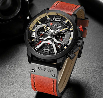Curren men's sports waterproof watch with brown leather strap, black case, chronograph on Tampa Home & Garden Store