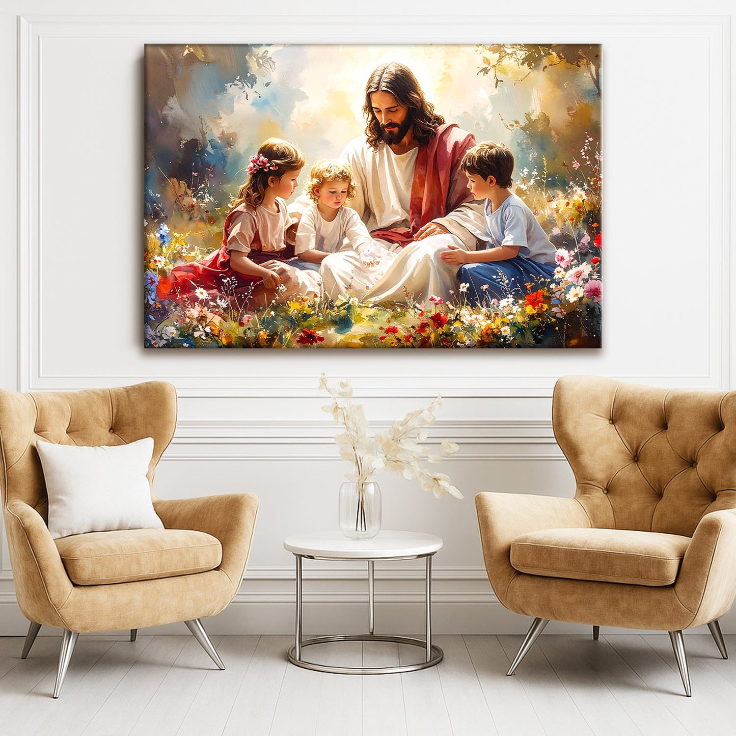 Jesus With Children Faith Wall Art II canvas by Tailored Canvases in colorful floral scene on Tampa Home & Garden Store