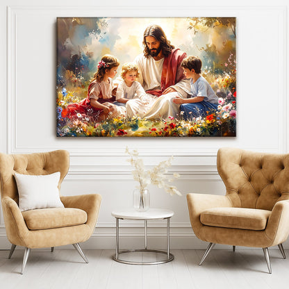 Jesus With Children Faith Wall Art II canvas by Tailored Canvases in colorful floral scene on Tampa Home & Garden Store