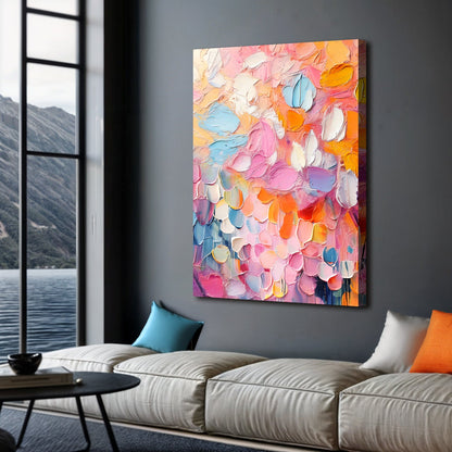 Blooming Rhapsody abstract canvas by Tailored Canvases with impasto petals in pink orange blue on Tampa Home & Garden Store