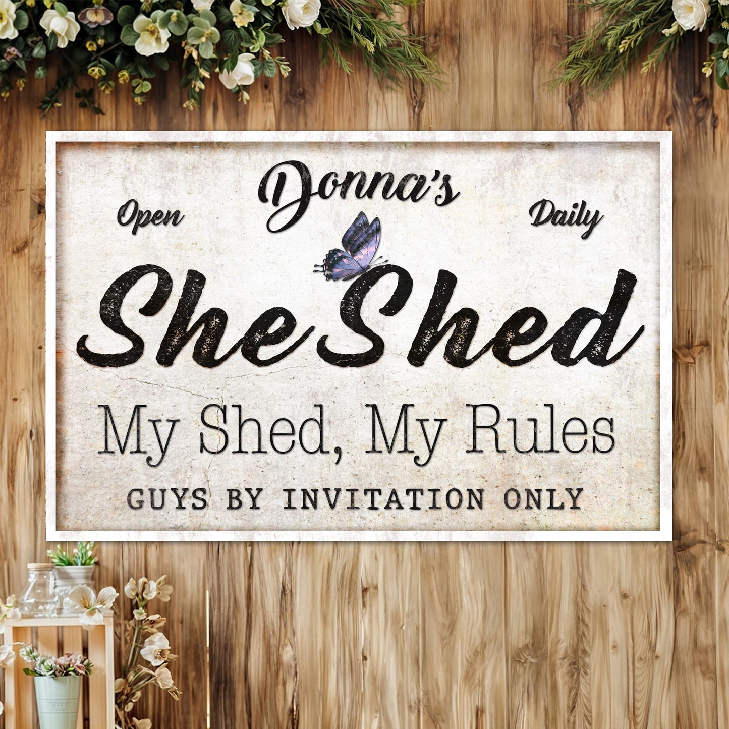 Personalized She Shed Sign XIX canvas by Tailored Canvases with butterfly accent on Tampa Home & Garden Store