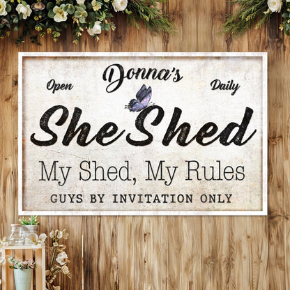Personalized She Shed Sign XIX canvas by Tailored Canvases with butterfly accent on Tampa Home & Garden Store