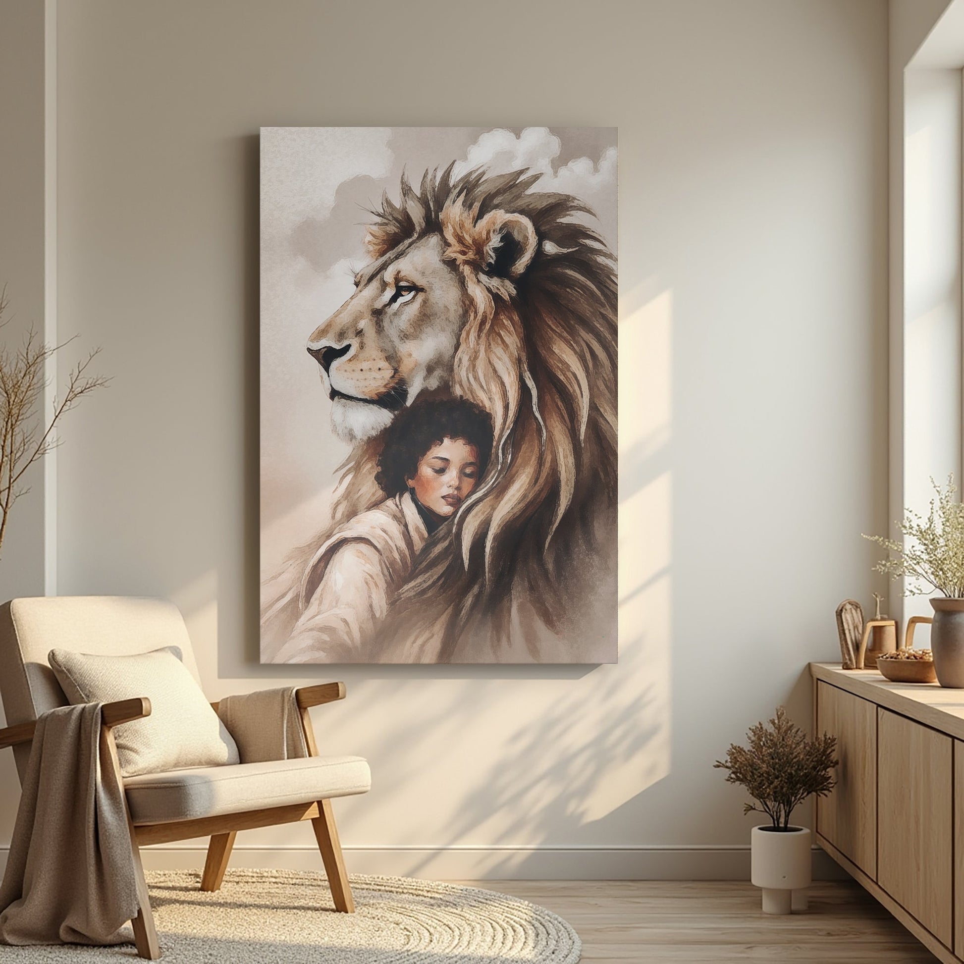 Lion And Girl Faith canvas wall art by Tailored Canvases; tall vertical beige-toned canvas on Tampa Home & Garden Store