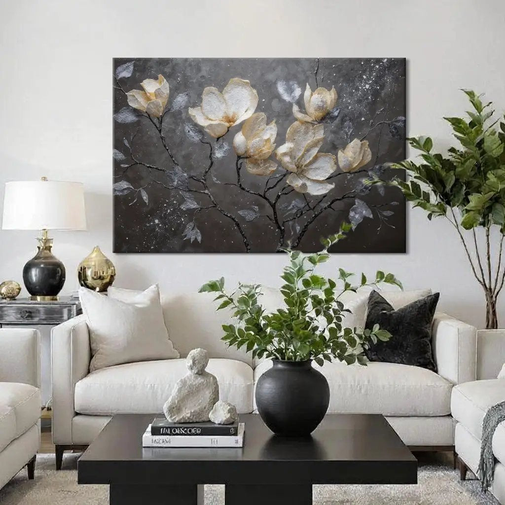 Midnight Magnolias canvas by Tailored Canvases; dark backdrop with white magnolia blossoms on Tampa Home & Garden Store