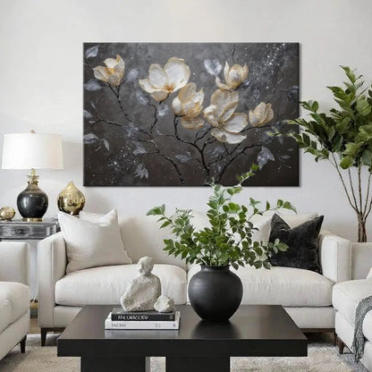 Midnight Magnolias canvas by Tailored Canvases; dark backdrop with white magnolia blossoms on Tampa Home & Garden Store