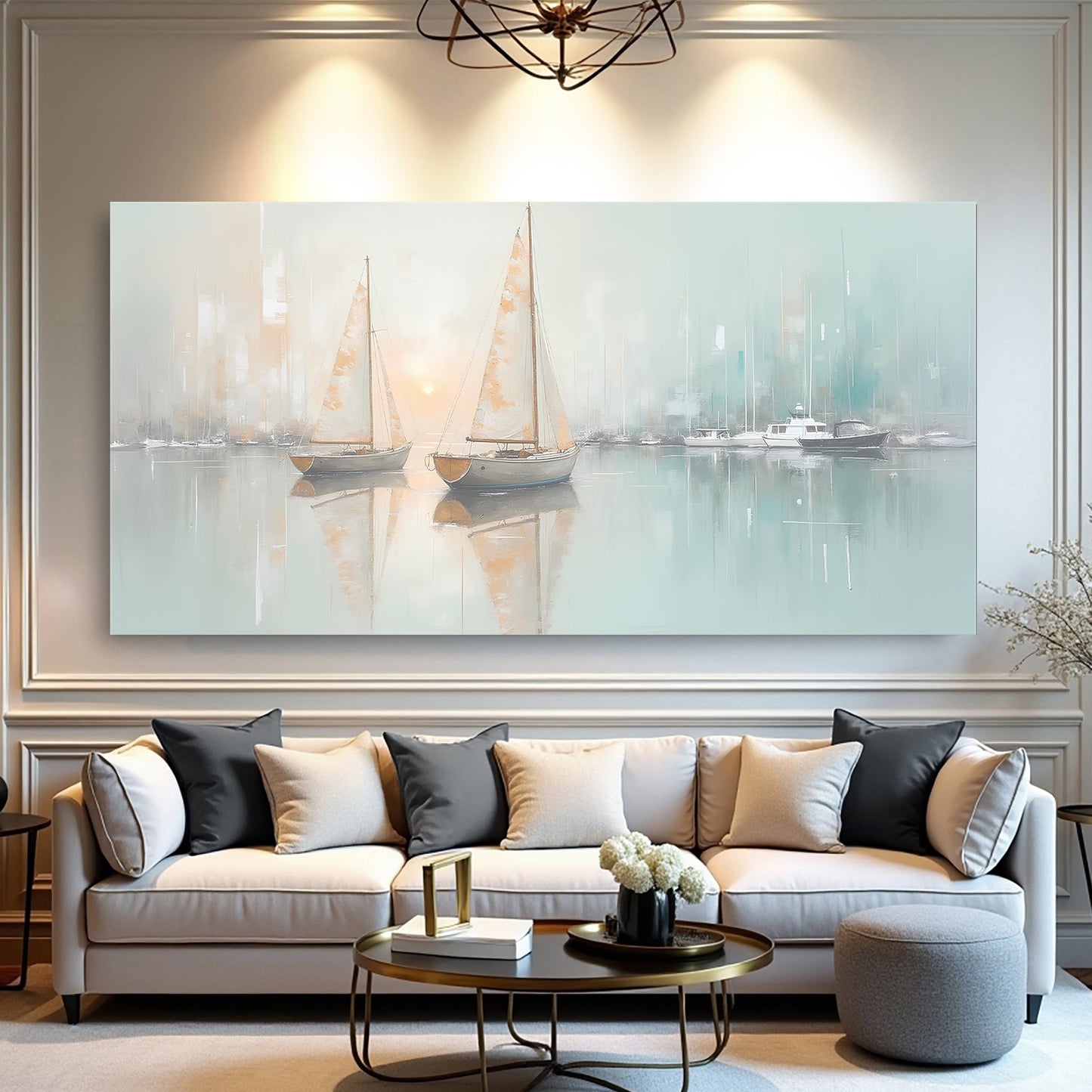 Canvas wall art Abstract Pier and Dock; Tailored Canvases harbor sailboats in blue-green tones on Tampa Home & Garden Store