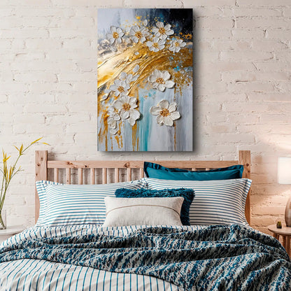Abstract Gold Floral Wall Art canvas Tailored Canvases with white flowers on gold blue backdrop on Tampa Home & Garden Store