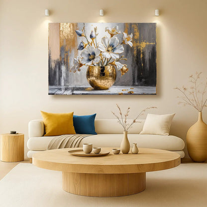Magnolia Bloom in Gold Abstract Canvas wall art with a hammered gold vase and white flowers on Tampa Home & Garden Store