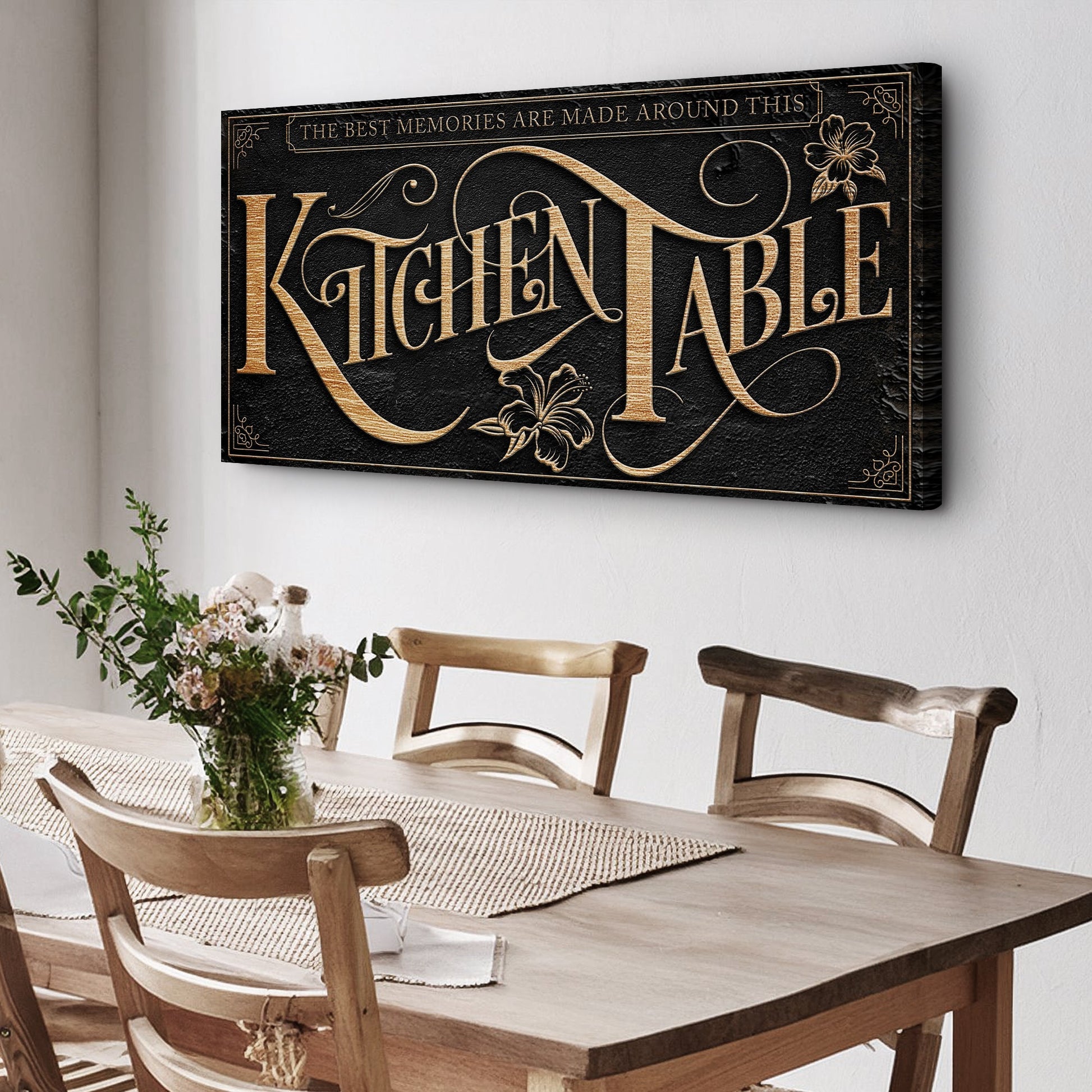 Kitchen Table Sign canvas by Tailored Canvases with black textured background and gold ornate lettering on Tampa Home & Garden Store