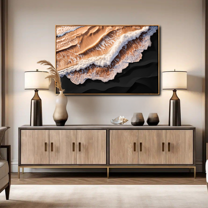Amber Ocean Waves Wall Art canvas by Tailored Canvases, framed over a wood sideboard with lamps on Tampa Home & Garden Store