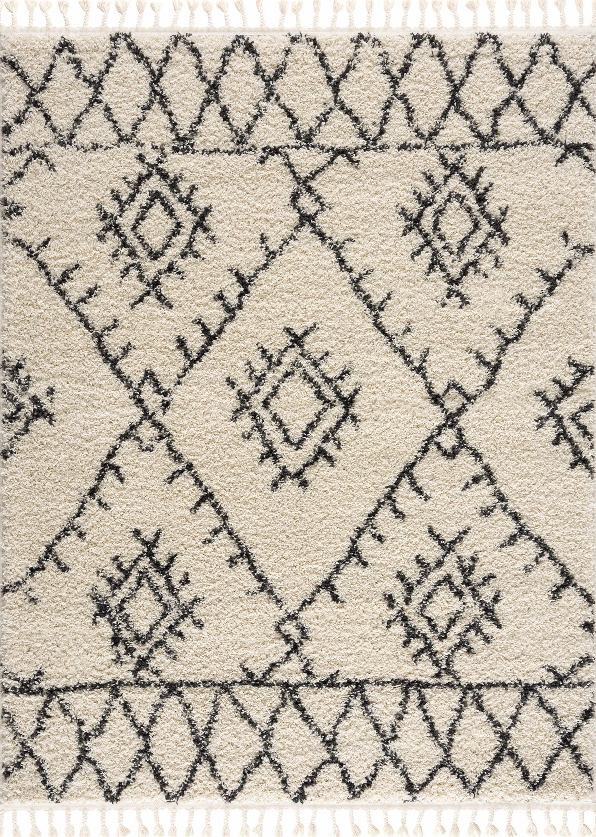 Emlenton Berber Shag with Tassels rug beige with black lattice pattern Boutique Rugs on Tampa Home & Garden Store