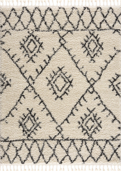 Emlenton Berber Shag with Tassels rug beige with black lattice pattern Boutique Rugs on Tampa Home & Garden Store