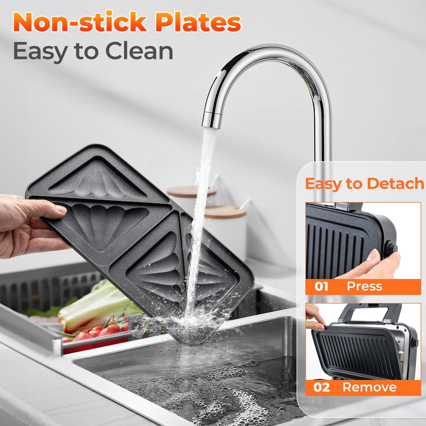 Sandwichera 3 en 1 de 1082 W con placas antiadherentes extraíbles - Negra