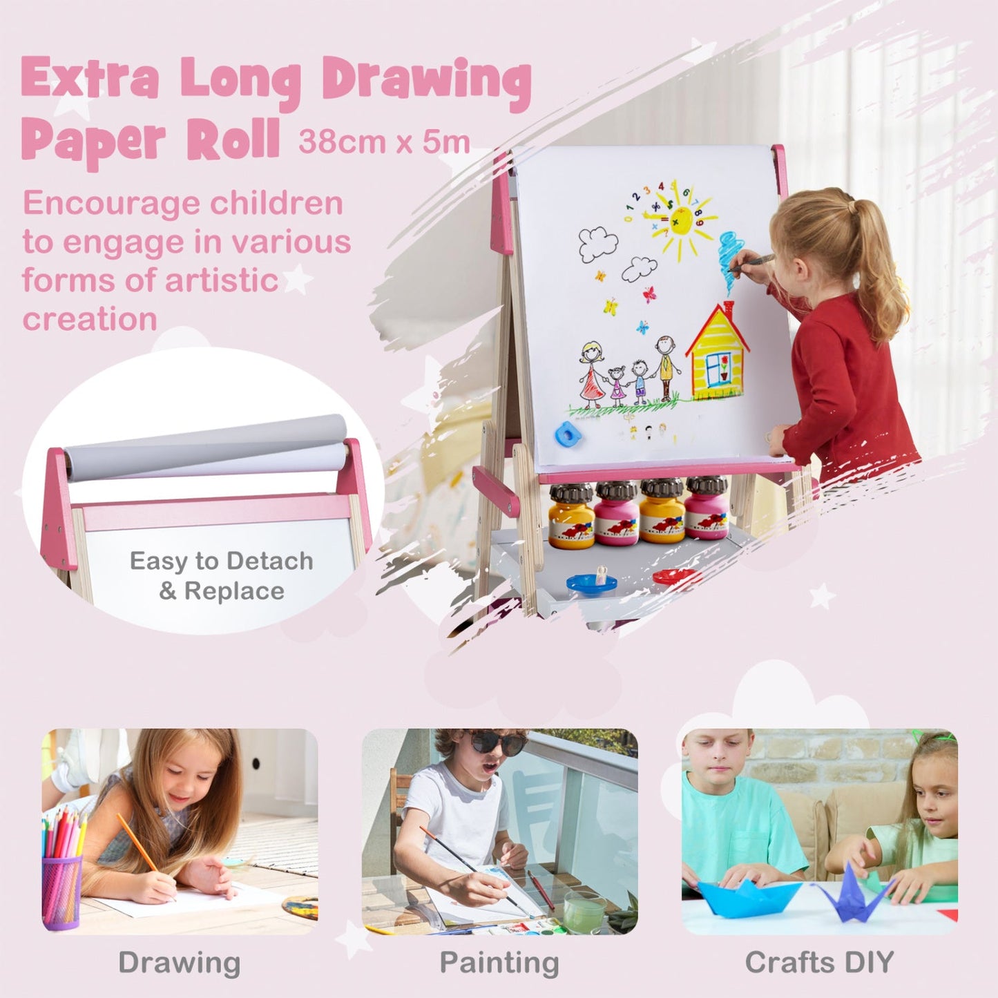 3-in-1 Kids Art Easel with magnetic whiteboard & chalkboard by DirectDeals, pink wood frame on Tampa Home & Garden Store