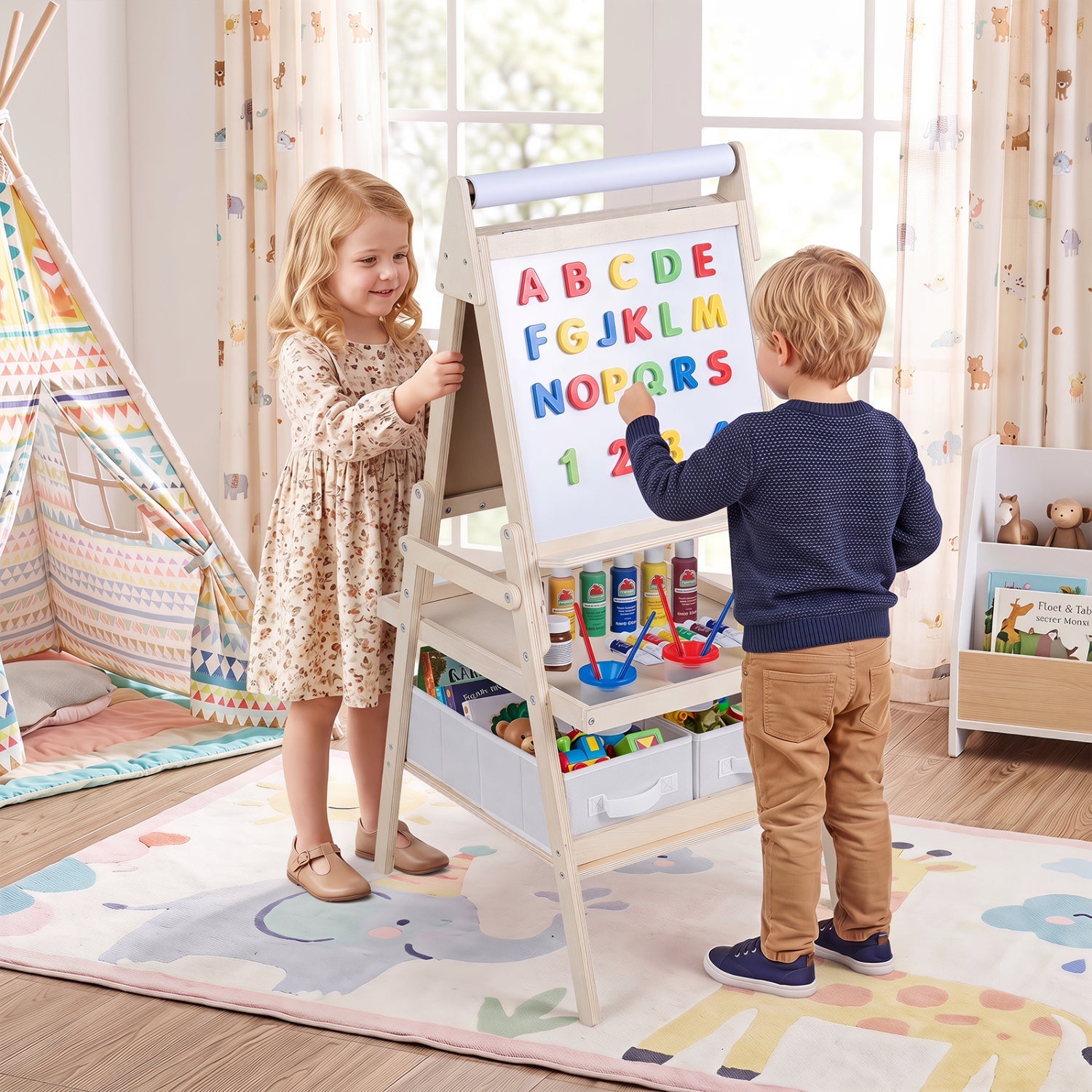 3-in-1 Kids Art Easel with magnetic whiteboard & chalkboard, natural wood finish, storage, two kids on Tampa Home & Garden Store