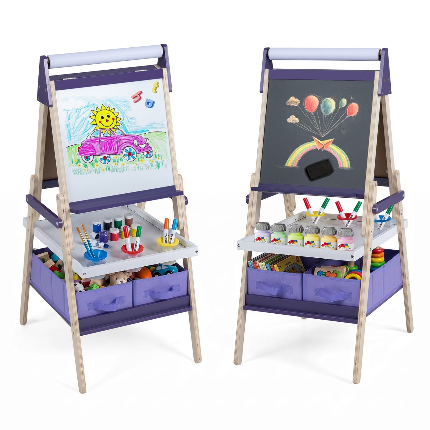 3-in-1 Kids Art Easel with Magnetic Whiteboard & Chalkboard, purple frame, wooden legs, pair on Tampa Home & Garden Store
