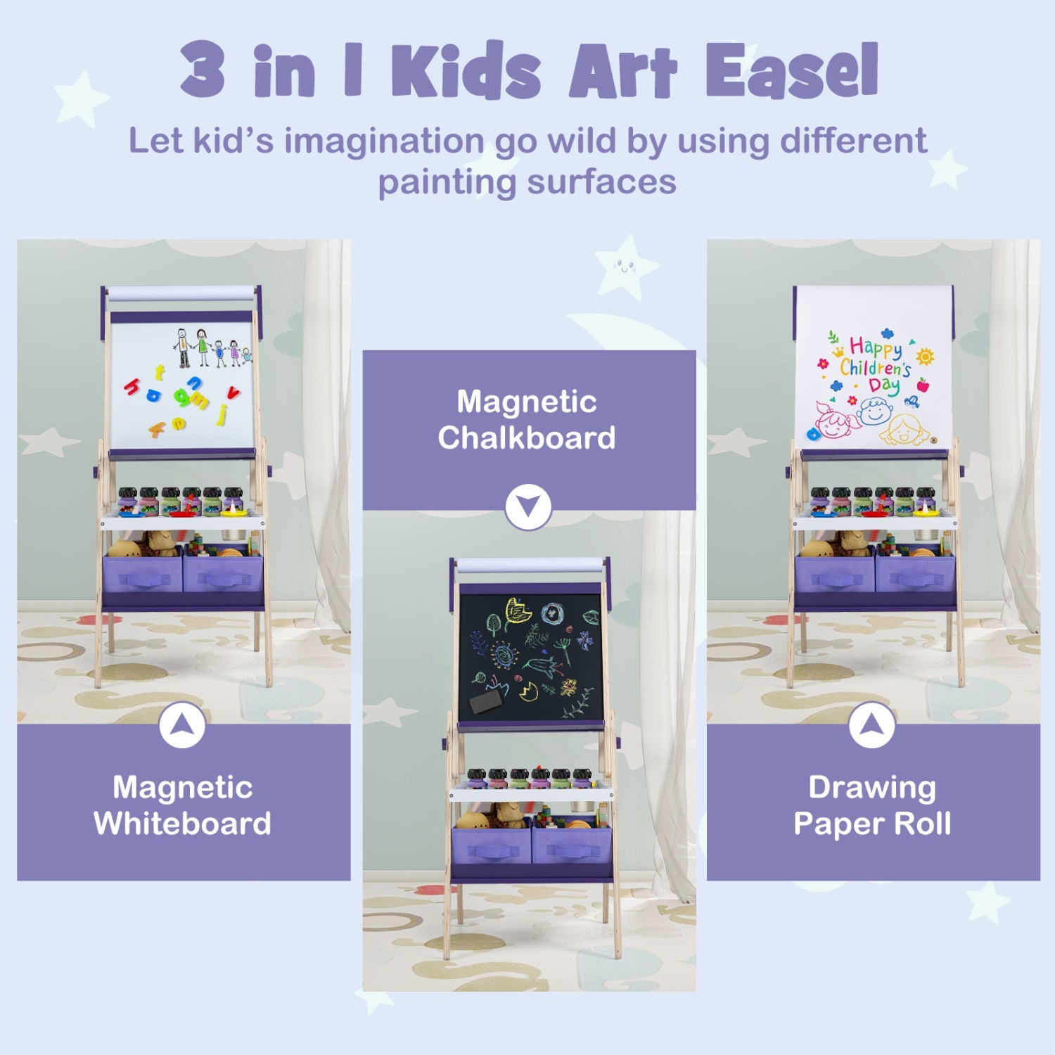 DirectDeals 3-in-1 Kids Art Easel with purple frame magnetic whiteboard chalkboard and paper roll on Tampa Home & Garden Store