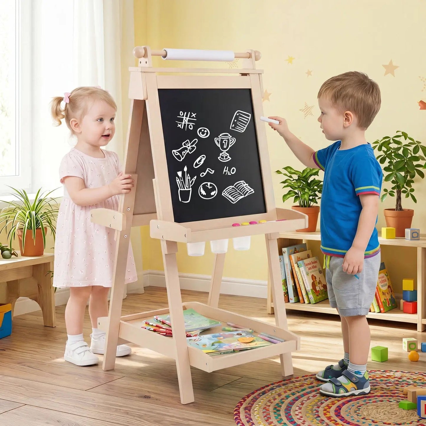 Double-Sided Kids Art Easel with Chalkboard